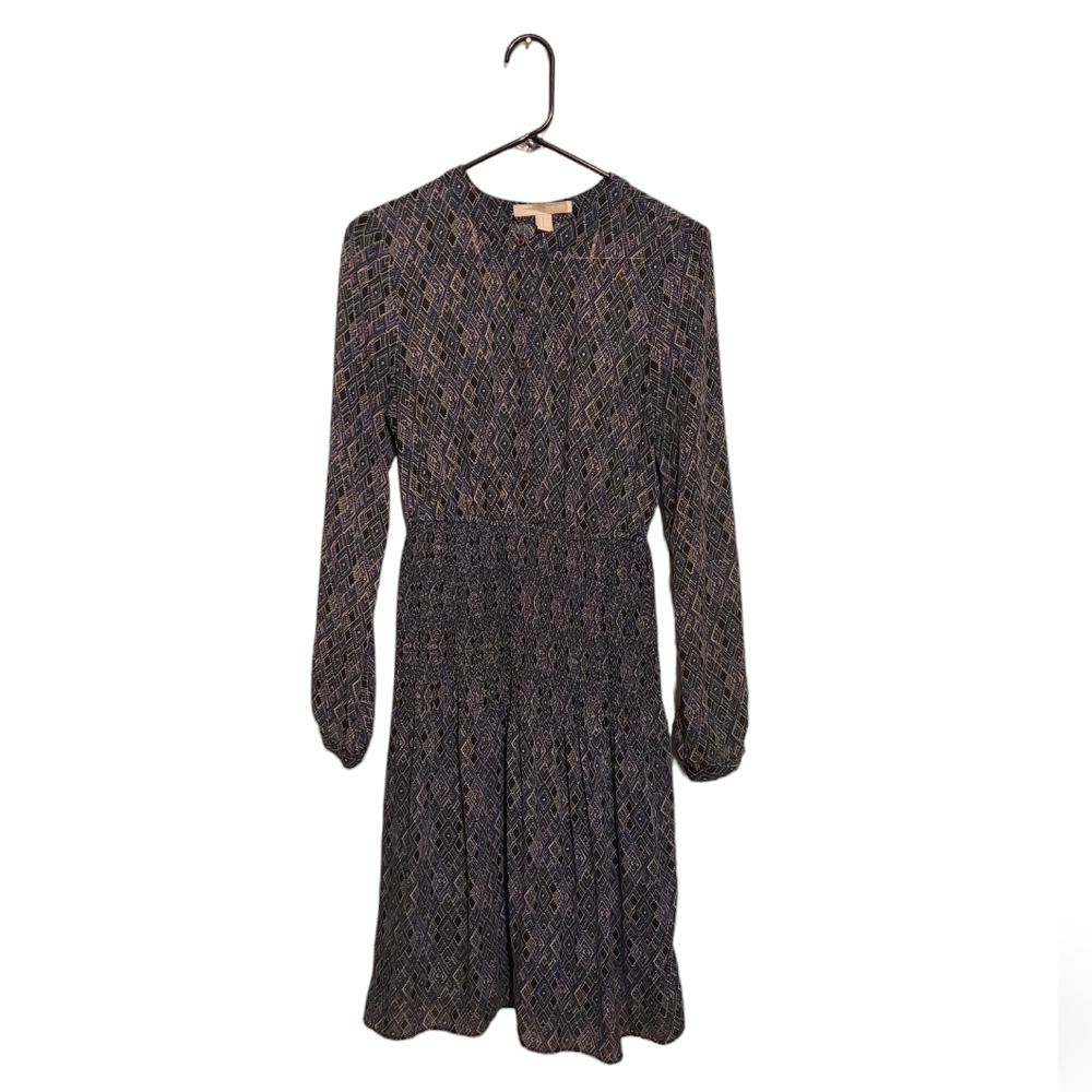 Forever 21 Blue Boho Peasant Dress Size Medium Printed Sheer Midi Preppy Office